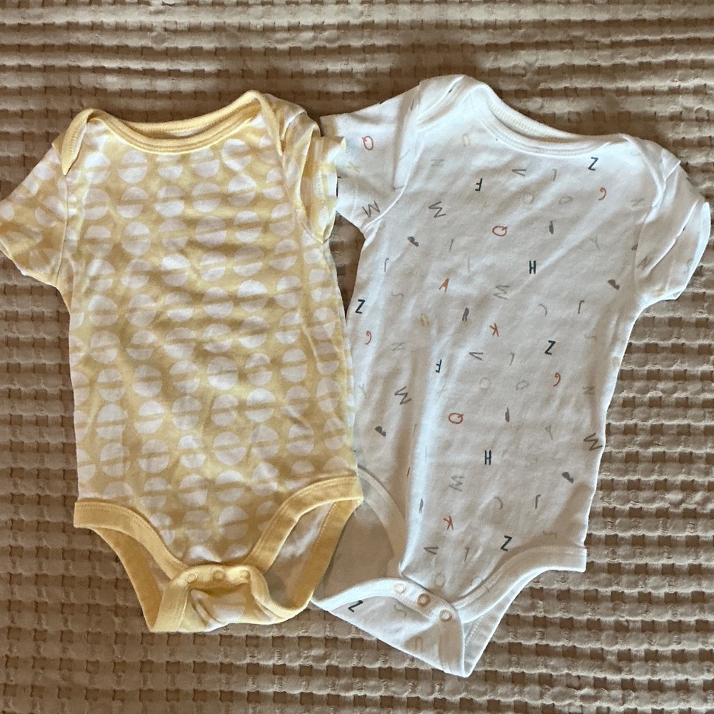 Yellow and White Patterned Baby Onesies - 2 Pack (6-9M)